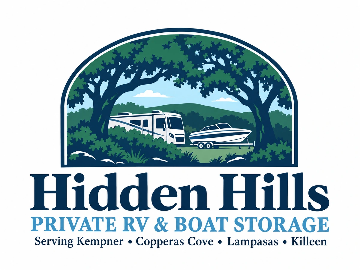 The full Hidden Hills logo with an RV and boat sheltered by oak trees